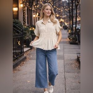 Creamy Washed Linen Blend Smocked Shirt